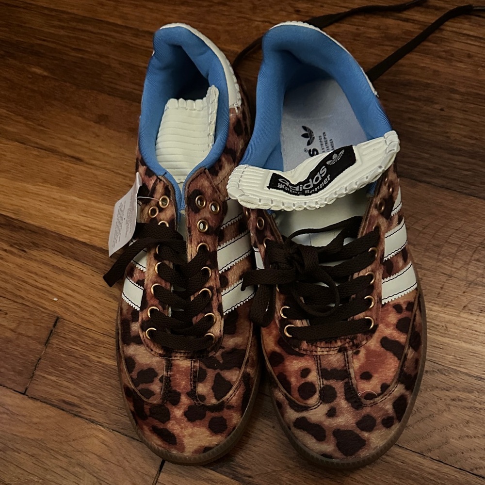 Adidas Brown Leopard Print Sneakers with White Stripes - Picture 3 of 3